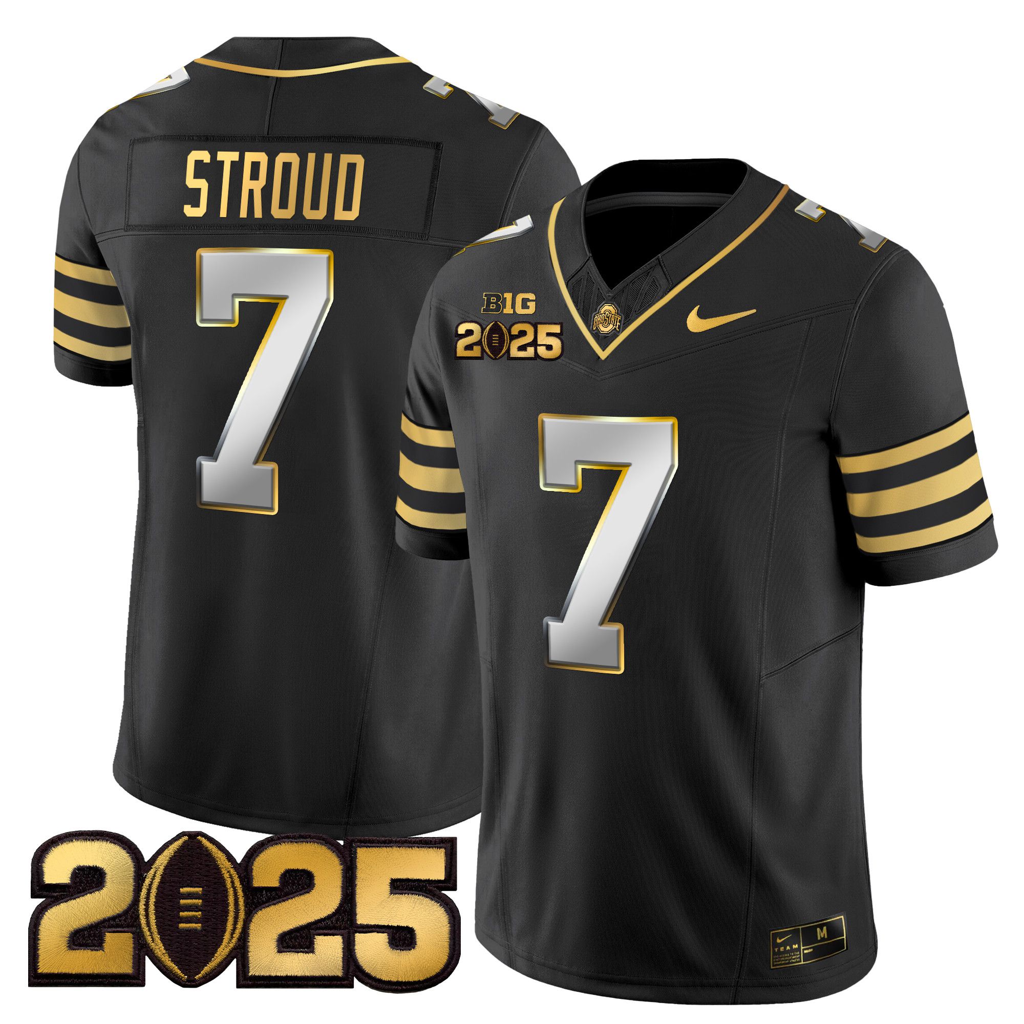 Men Ohio State Buckeyes #7 Stroud Black 2025 CFP Final Patch Gold Vapor Limited NCAA Jersey style 2